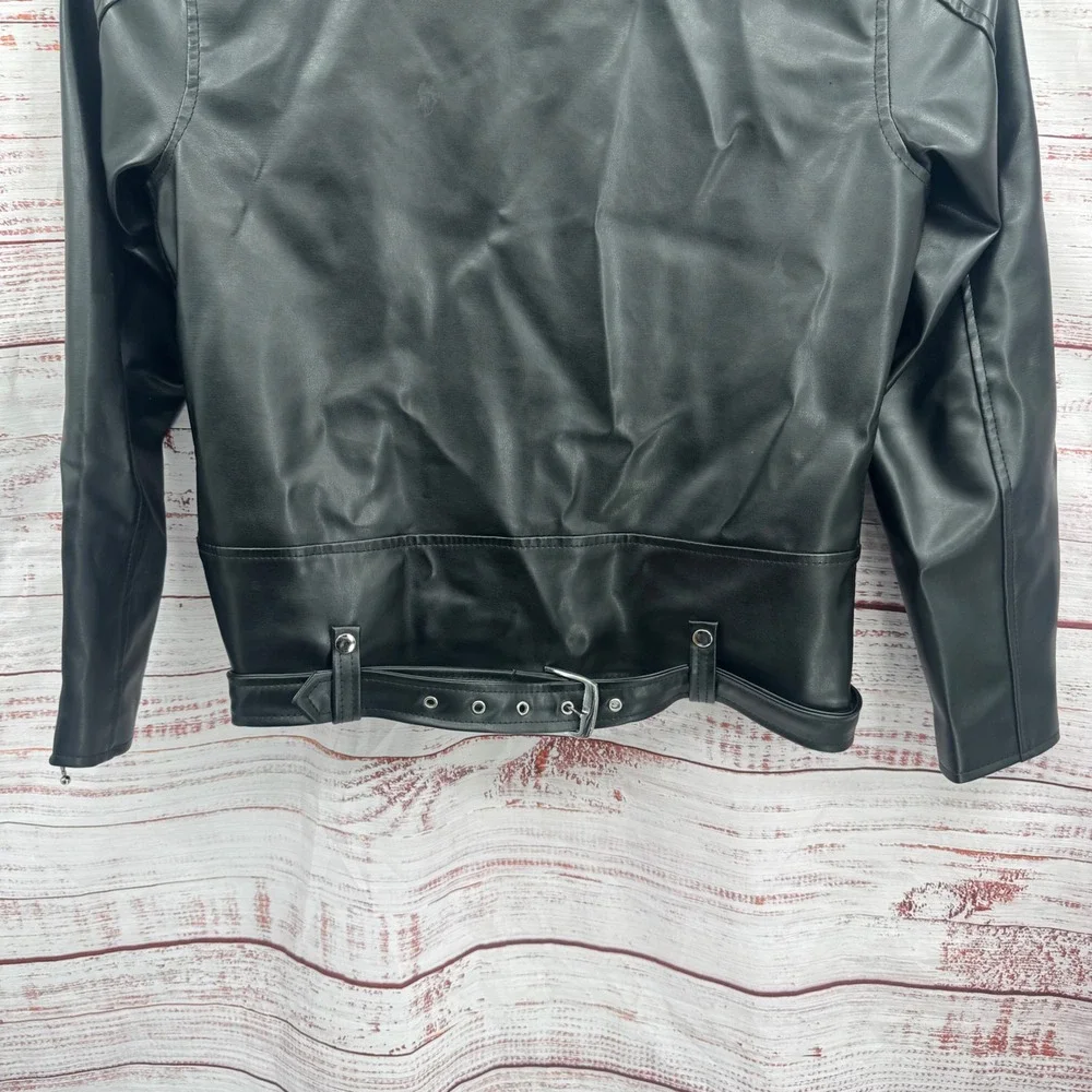 Straight to Hell Moto‎ Jacket Large Black Faux Leather Red Quilted Lined Belted